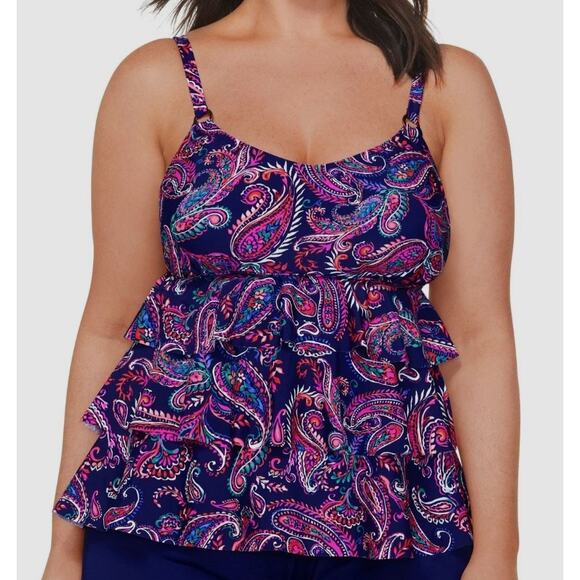 NEW Island Escape Swim Tankini Top Size 20W Navy Blue Paisley Ruffle Tiered Boho - Picture 1 of 11
